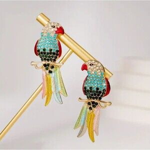 Gold & Rhinestone Parrot Bird Colorful Earrings Blue Green Tail Feathers